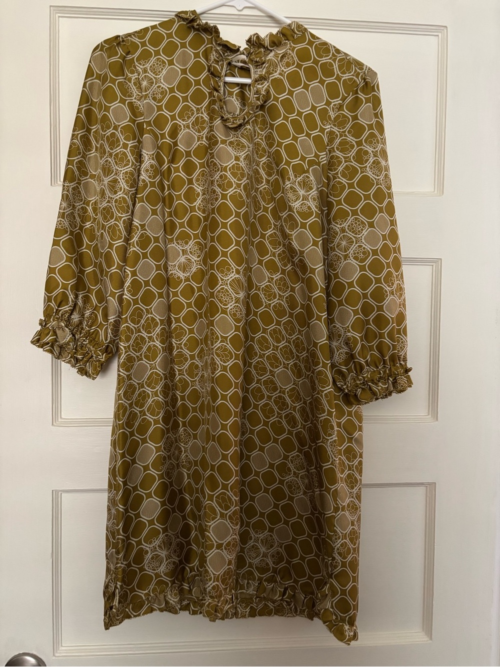 Original Penguin Mustard Patterned Ruffle-Neck Long Sleeve 100% Silk Dress